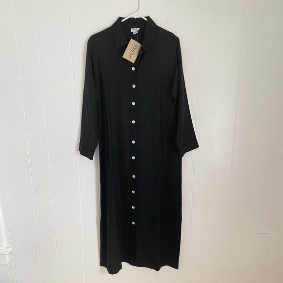 NWT Toofan Black Button Front Midi Shirt Dress Linen Long Sleeve Minimalist S - Picture 1 of 9